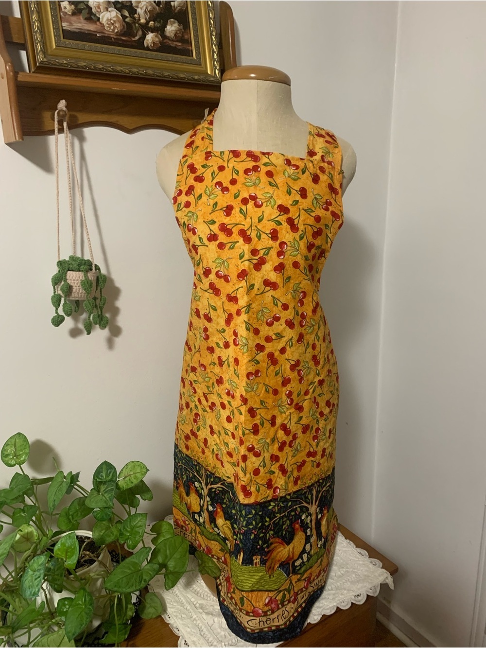 Vintage Vibe Yellow Cherry & Rooster Print Kitchen Apron Farmhouse Cottagecore